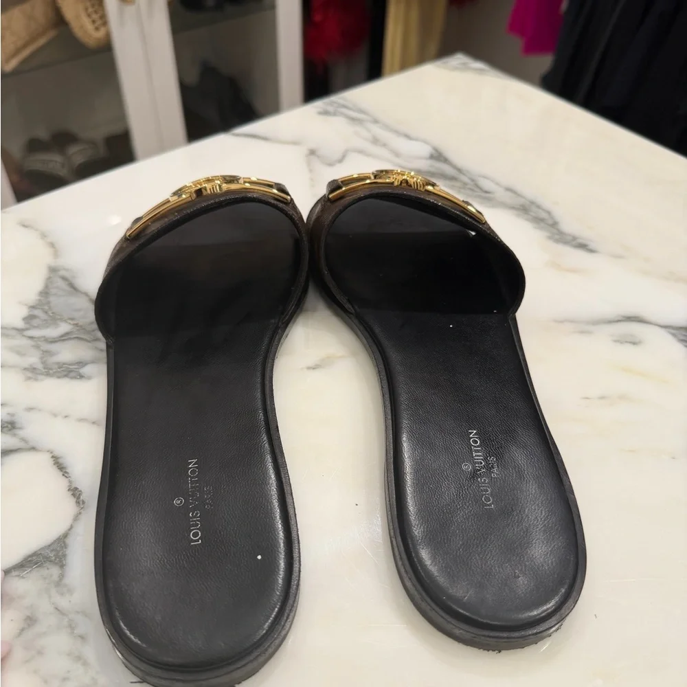 Louis Vuitton Brown Monogram Lock it Flat Mule Sandals with Black Footbed - Picture 2 of 5